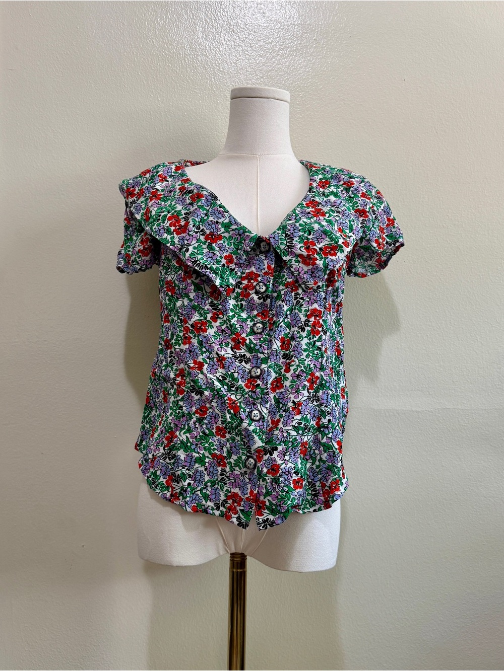 Anthropologie Floral Button-Front Short Sleeve Top - Red, Green & Purple